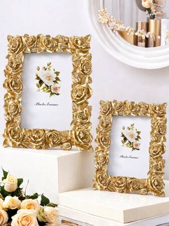 Golden Rose Vintage Decorative Photo Frame, Elegant European Style Tabletop Picture Frame, Living Room & Bedroom Decor, Wedding Memory Gift, Premium Retro Home Decoration