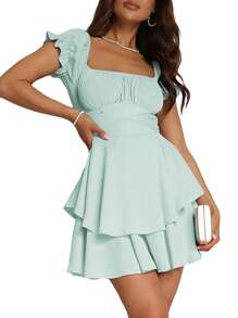 Women's Mini A-Line Dress Solid Color Ruffled Sleeves Square Neck Layered Hem Dress - Màu xanh chanh - Xem 1