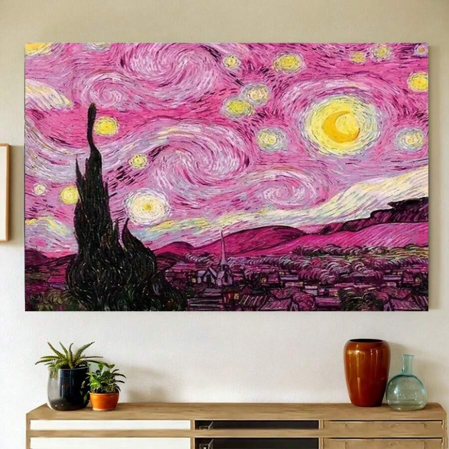 Framed Starry Night Canvas Art Print - Pink Starry Sky Oil Painting, Waterproof Wall Decor For Living Room, Bedroom, Office - Frameless Modern Home Decoration Gifts - Framed - View 1
