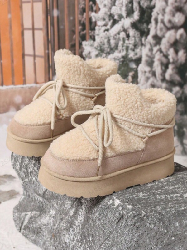 Women's Thick Sole Snow Boots, Lace Up Short Boots With Thermal Lining For Fall/Winter 2024, Anti-Slip Cushioned Round Toe Casual Short Shaft Snow Boots, Available In Black, Khaki, Beige