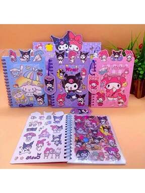 Sanrio 4 كتب، طقم ملصقات كورومي وميلودي من سانريو وسيناموزن - طقم التسجيل مع دفتر ملاحظات حلزوني وإكسسوارات، لوازم مدرسية، عودة للمدرسة
