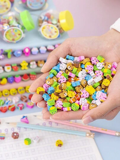 100 件迷你卡通可爱橡皮擦，创意卡通橡皮擦礼物和奖品返校