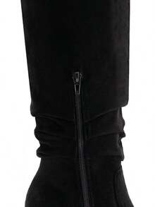 Women's Knee High Chunky Heel Faux Suede Pointed Toe Side Zipper Boots, Athleisure Style - 黑色 - 查看 4