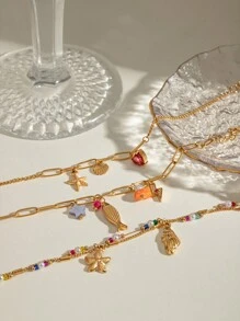 Uworld 1 pieza de brazalete de cadena de acero inoxidable de moda y personalizado para mujer con colgante de estrella de mar, concha, corazón y piedra natural. Adecuado para uso diario, vacaciones, playa o como regalo