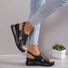 Sandalias Plataforma Zapatos Cuer Suave Dama Cuña Moda,Sandalias Planas Con Hebilla De Recubierto Para Mujer,Sandalias De Playa Casuales - Negro - Ver 10