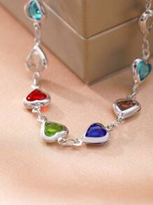 1条彩色水晶心形吊坠银手链，适合女性日常佩戴 - 彩色 - 查看 3