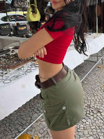 Minifalda con botones y cremallera con múltiples bolsillos, estilo callejero para mujer, estilo vaquero occidental para vacaciones