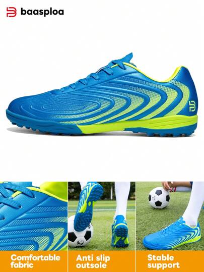 baasploa 1 Pair Men's Outdoor Sports Soccer Shoes, Soccer Casual Training Shoes, Lightweight Anti-Slip Shock Absorbing, Available In Blue And Neon Green