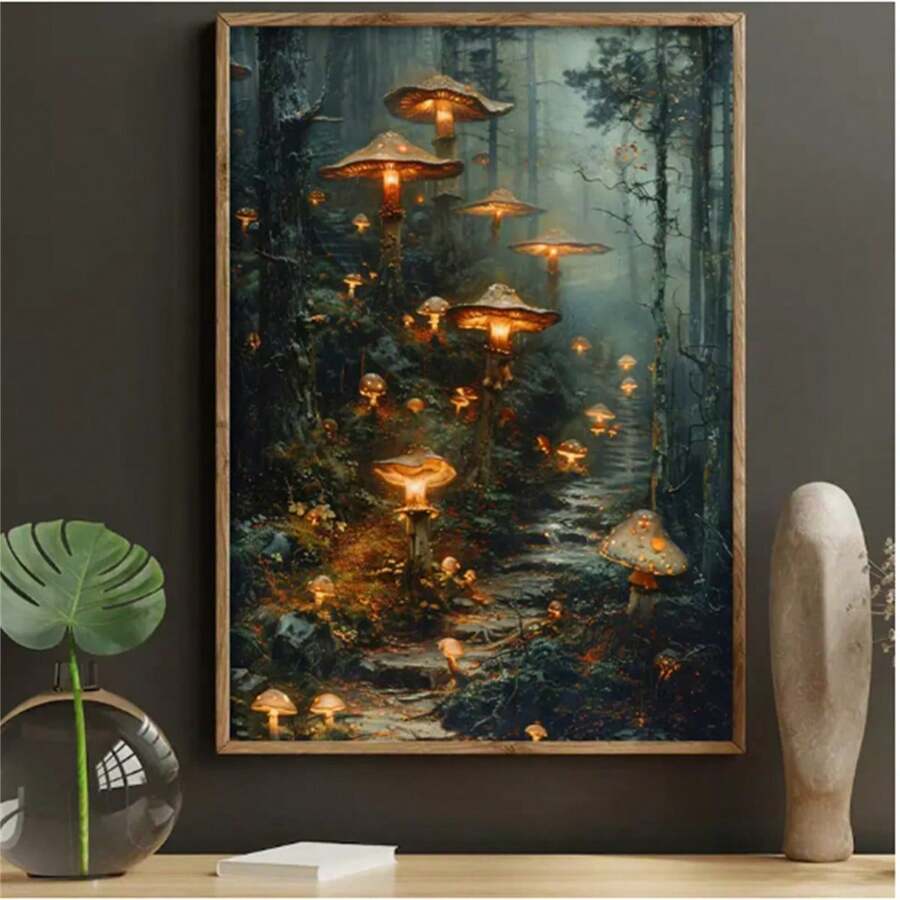 1PC Enchanting Forest Canvas Poster, Dark Gothic Fantasy, Mysterious Forest Mushroom Fungi, Magical Magic Landscape, Fairy Magic Plants, Folk Art Poster Wall Art, Decorative Art Modern Style, Used For Wall Decoration - Indoor And Outdoor Artwork, Suitable For Home Office, Bathroom, Living Room, Bedroom, Restaurant, Art Mural, Creative And Interesting Wall Art, Ideal Gift(No Frame) - Multicolor - View 1