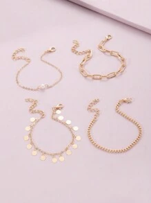 4pcs Bohemian Metal Minimalist Layered Bracelet Set (Random Number Of Circular Pendant Charms)