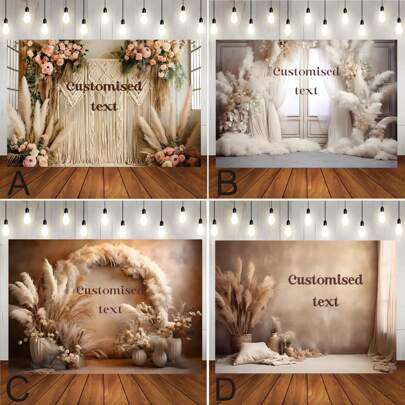 Anpassad text Bohemisk Boho Poho Pampas Gräs Blomdekoration Personlig text För Födelsedag Bad Brud Dop Bröllopsscen Dekoration Bakgrund Porträtt Fotografi Rekvisita Vinyl, Sommarsemester