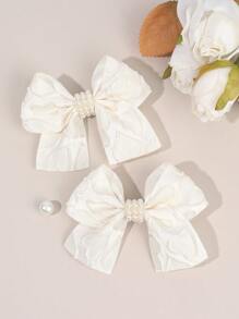 2pcs Yarn Hair Bow Clips For Girls,Fabric White Pearl Hair Bows Clips For Kids,Fashion Alligator Clips Hair Accessories For Toddlers Gifts