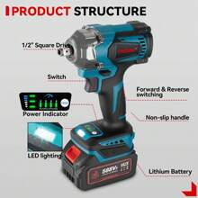 ONEVAN 1200N.M Brushless Electric Impact Wrench 3 Function 1/2 Inch Cordless Screwdriver Electric Drill Set - 美規A型插(110-127V) - 查看 7