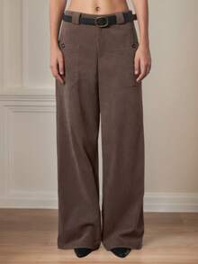 Women Solid Straight Leg Thick Corduroy Casual Trousers With Pockets & Belt, Spring