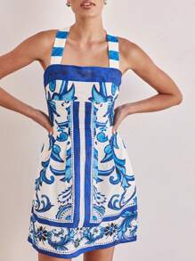 Women Sleeveless Dress Summer Casual Vintage Print Cross Straps Mini Party Dress For Beach Club Streetwear - 藍色 - 查看 4