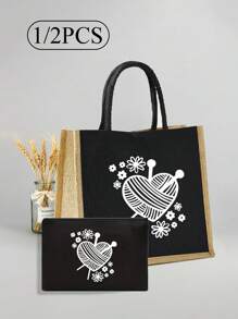 Tweedelige set linnen tassen, uitgerust met kleine make-uptassen, gebreide harten en bloemenpatronen - lichtgewicht en stijlvolle boodschappentassen voor dames, gepersonaliseerde geschenken voor huwelijksjubilea en verjaardagen van vrienden - Zwart - Bekijken 1