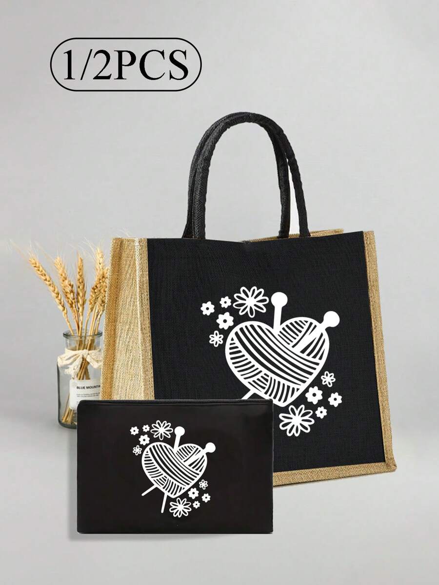 Tweedelige set linnen tassen, uitgerust met kleine make-uptassen, gebreide harten en bloemenpatronen - lichtgewicht en stijlvolle boodschappentassen voor dames, gepersonaliseerde geschenken voor huwelijksjubilea en verjaardagen van vrienden - Zwart - Bekijken 1