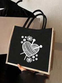 Tweedelige set linnen tassen, uitgerust met kleine make-uptassen, gebreide harten en bloemenpatronen - lichtgewicht en stijlvolle boodschappentassen voor dames, gepersonaliseerde geschenken voor huwelijksjubilea en verjaardagen van vrienden - Zwart - Bekijken 8