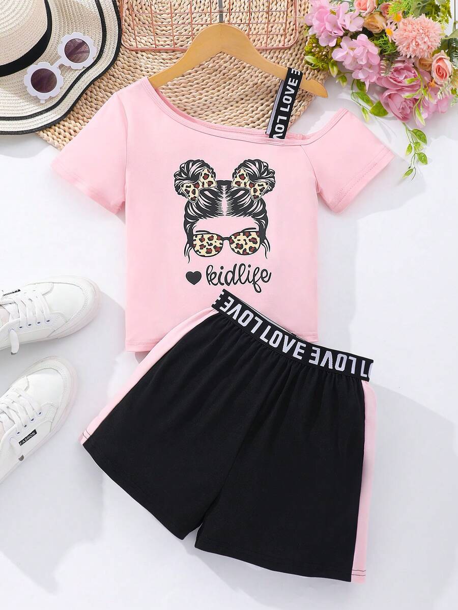 Girls Tween Girl Spring/Summer Casual Cute Shoulder Exposed Girl Print Short Sleeve Top & Shorts 2pcs Set - Multicolor - View 1