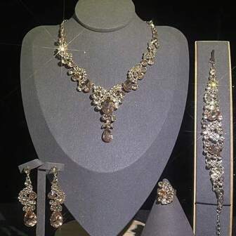 1 set eleganta smyckesset för kvinnor - halsband, örhängen, armband, ring (5 st), strassinlägg, lämplig för brud, bröllop, bankett, formella evenemang