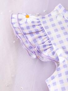 طقم للرضع والبنات الصغيرات مكون من توب قصير بطبعة زهرية بكشكشة بدون أكمام + أوفرول شورت بتطريز بأزهار الداوري البنفسجية مع أشرطة قابلة للتعديل