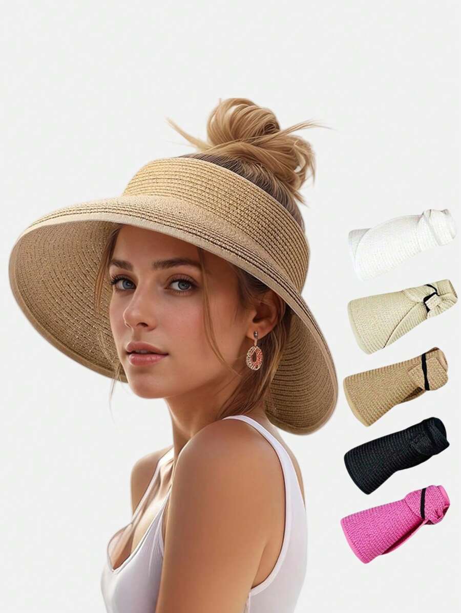Women's Wide Brim Straw Sun Hat, Ponytail Hole, Summer Beach Hat, UV Protection UPF, Foldable & Packable, Bohemian Style For Travel - A - View 1
