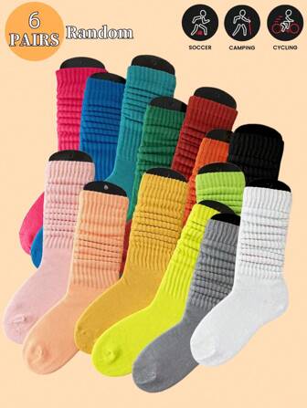 6 Pairs/Set Random Color Women Casual Crew Socks, Solid Multi-Color Options, Suitable For Daily Wear & Matching, Ins-Style Long Socks