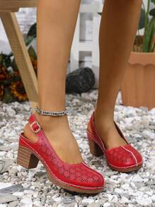 Sandalias de tacón alto con puntera redonda perforada para mujer, zapatos de tacón grueso de estilo francés casual para verano, tacones de plataforma para mujer - Rojo - Ver 2