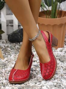 Sandalias de tacón alto con puntera redonda perforada para mujer, zapatos de tacón grueso de estilo francés casual para verano, tacones de plataforma para mujer - Rojo - Ver 4