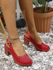 Sandalias de tacón alto con puntera redonda perforada para mujer, zapatos de tacón grueso de estilo francés casual para verano, tacones de plataforma para mujer - Rojo - Ver 3