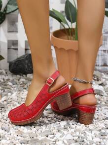 Sandalias de tacón alto con puntera redonda perforada para mujer, zapatos de tacón grueso de estilo francés casual para verano, tacones de plataforma para mujer - Rojo - Ver 5
