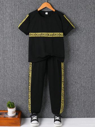 2 件男童套装：短袖上衣和长裤，休闲时尚，适合春夏季