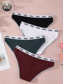 4 件经典三角裤，“MISS”和“Heart”，白色腰带，时尚设计，全天舒适穿着，无压力内衣