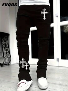 Men's Solid Slant Pocket Slim Fit Jeans Long Washed Flare Cross Print Jeans Solid Black Party Streetwear, Rapper, Emo Style