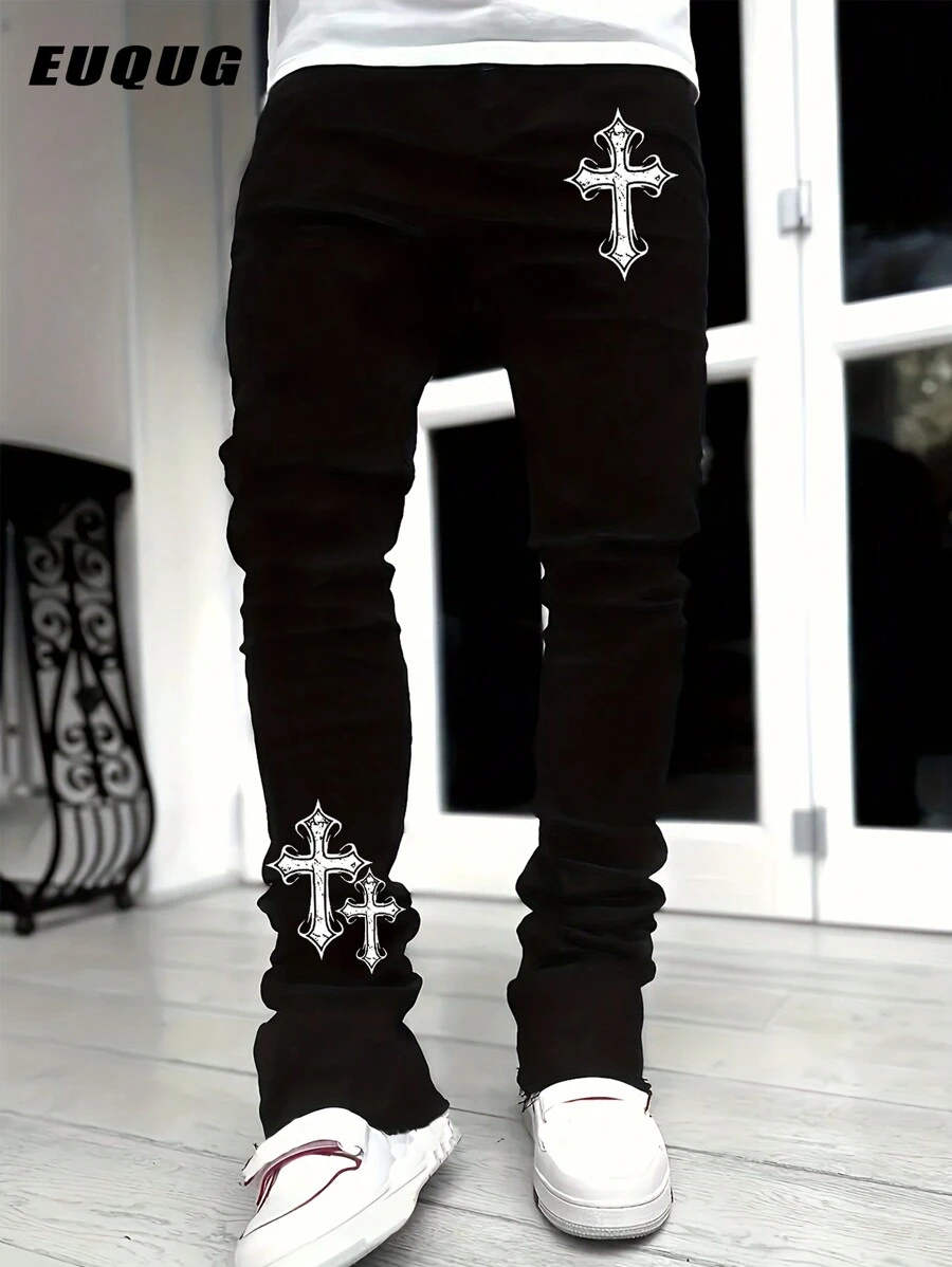 Men's Solid Slant Pocket Slim Fit Jeans Long Washed Flare Cross Print Jeans Solid Black Party Streetwear, Rapper, Emo Style