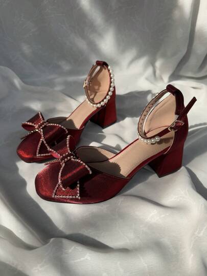 Teens' Square Toe Heels, Fashionable, Elegant, Comfortable Soft Material, Ribbon & Pearl Design, Basic Style Suitable For Various Occasions