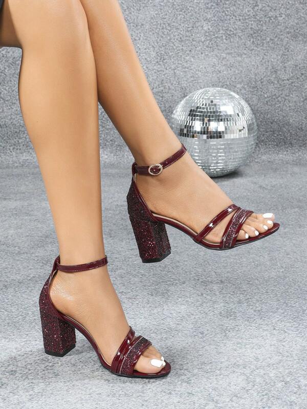 Block Heel Open Toe Ankle Strap Black Sandals