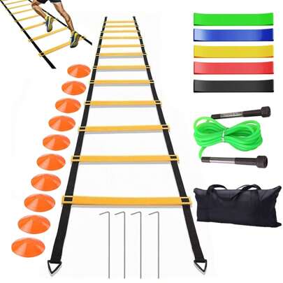 SHIXIONG Equipo de Entrenamiento de Fútbol, Entrenamiento de la Escalera de Agilidad, Incluye 10 Conos de Discos, 6 Metros Escalera de Agilidad, 5 Cuerdas de tensión, Saltar la Cuerda y Clavo molido