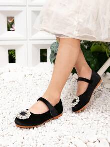 1 Pair New Soft Bottom Comfortable Flat Shoes For Girls, Black Mary Jane Shoes With Pearl Buckle, Princess Shoes For Little Girls - Black - View 4