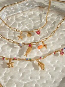 Uworld 1 pieza de brazalete de cadena de acero inoxidable de moda y personalizado para mujer con colgante de estrella de mar, concha, corazón y piedra natural. Adecuado para uso diario, vacaciones, playa o como regalo