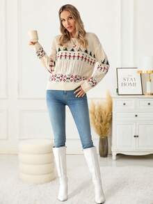 Women's New Year Tops Vintage Casual Pattern Floral Knit Crew Neck Long Sleeve Top Fair Isle Knit Sweater, Autumn/Winter