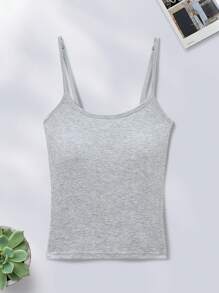 1 件女式纯色罗纹吊带背心，带胸垫，休闲修身短款背心，健身