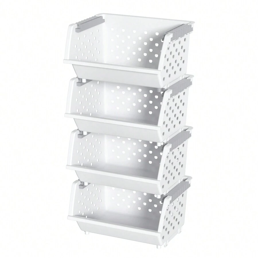 4 Pack Plastic Stacking Basket Organizer, Large Kitchen Open Front ...