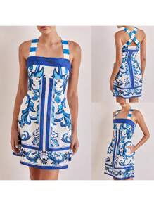 Women Sleeveless Dress Summer Casual Vintage Print Cross Straps Mini Party Dress For Beach Club Streetwear - 藍色 - 查看 2