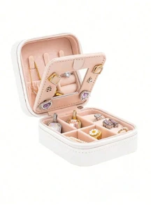 1/4pcs PU Leather Jewelry Box, Women Gifts, Mini Jewelry Organizer With Mirror, Necklace And Earring Display Holder, Pink Travel Essentials
