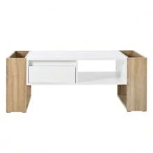 MERAX High Glossy Coffee Table With 2 Drawers, Practical Two Tone Center Table With Hidden Compartments, Rectangle Cocktail Table With Open Storage Shelf For Living Room, Bedroom, White/Black, 41.3*23.6" - Trắng + Tự nhiên - Xem 8