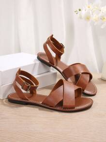 Women Plus Size Wide Fit Cross Strap Open Toe Metal Buckle Flat Roman Beach Sandals - Brown - View 5
