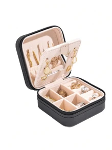 1/4pcs PU Leather Jewelry Box, Women Gifts, Mini Jewelry Organizer With Mirror, Necklace And Earring Display Holder, Pink Travel Essentials