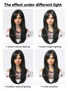 Pelucas negras largas y rectas con flequillo para mujer, peluca de pelo sintético de aspecto Natural en capas negras de 24 pulgadas para fiesta diaria, Cosplay