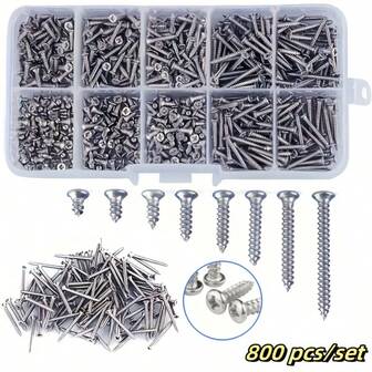 800 piezas/caja Juego de tornillos autorroscantes M2 con cabeza plana y ranura en cruz, tornillos autoperforantes para uso industrial y bricolaje